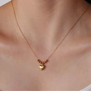 18k Gold Plated Heart Pendant Necklace - Minimal Beaded Charm